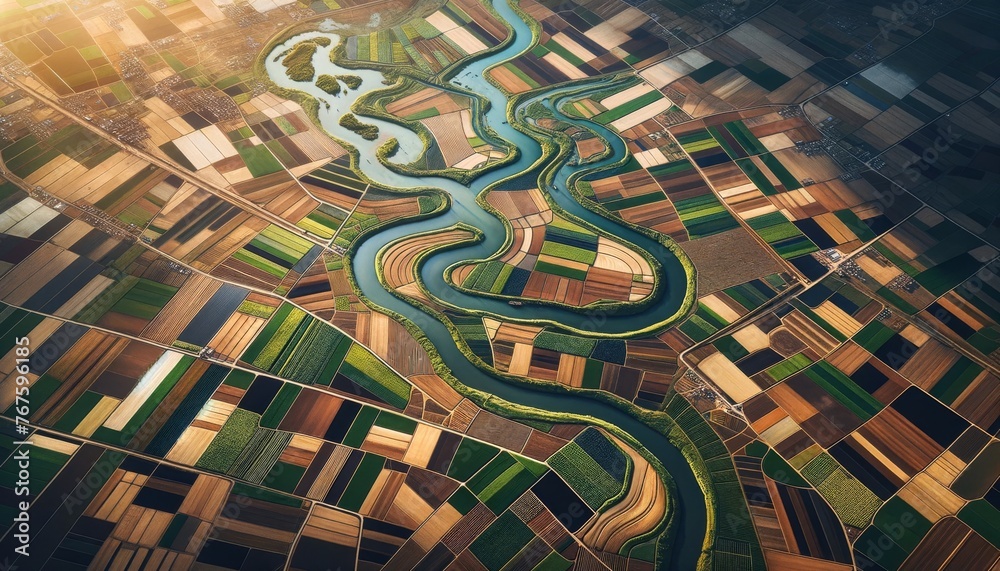 Aerial view of a network of rivers and canals flowing through ...
