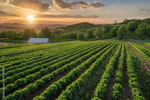 Hightech farm supplying organic produce, blockchain for transparency, golden hour, aerial view professional color grading