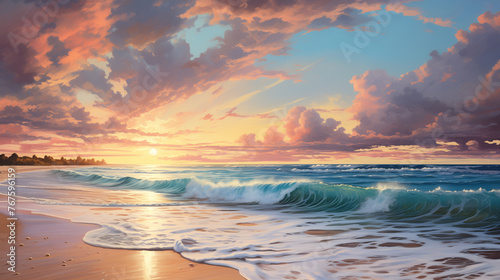 Discover serenity with a vivid watercolor depiction of ocean waves beneath a spectacular sunset sky, the vibrant colors invoking a feeling of wonder and peacefulness.