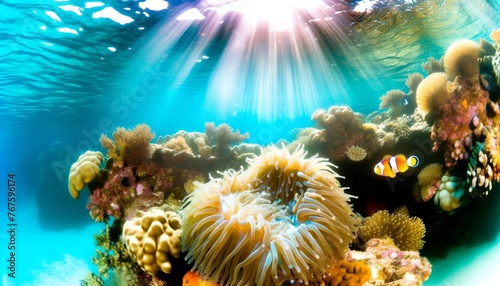 A serene underwater scene with a sea anemone and clownfish, illuminated by streaming sunlight penetrating through the clear, tranquil water, showcasin.