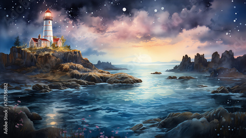 A whimsical watercolor artwork capturing the magic of a moonlit seascape, with shimmering water and a hint of enchantment.