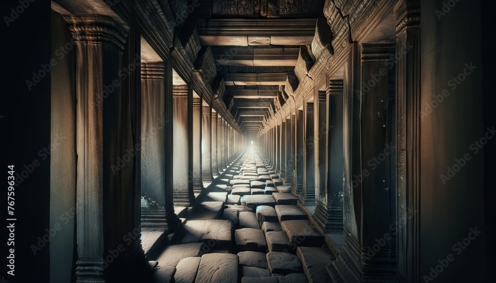 A captivating image showing a series of aligned doorways within Angkor Wat, creating a deep perspective that leads the viewer's eye through the differ. - obrazy, fototapety, plakaty 