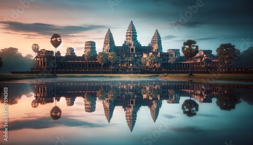 A serene image capturing the main temple of Angkor Wat reflected perfectly in the calm waters of the moat during early morning or late afternoon. photo