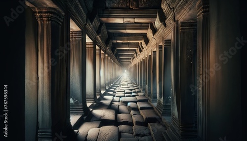 A captivating image showing a series of aligned doorways within Angkor Wat, creating a deep perspective that leads the viewer's eye through the differ. photo