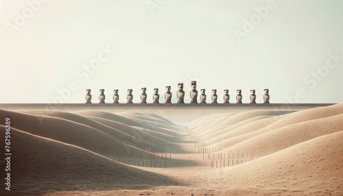 A minimalist image showcasing a row of Moai statues in the distance, viewed from a low angle.