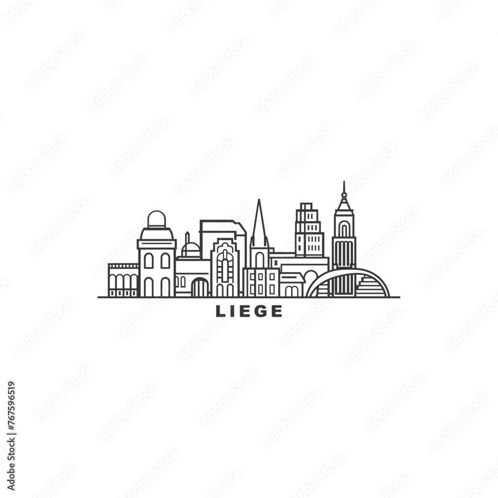 Liege cityscape skyline city panorama vector flat modern logo icon. Belgium, Wallonia town emblem idea with landmarks and building silhouettes. Isolated graphic