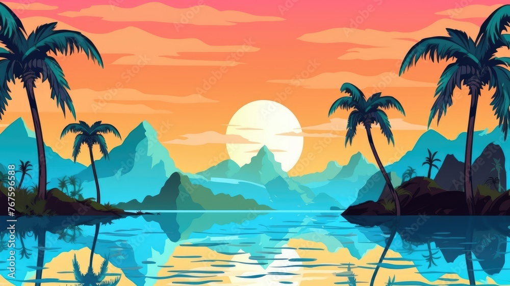 cartoon tropical landscape with palm trees, blue river, and mountains