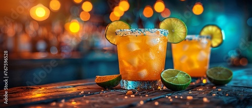 Margarita served on a rustic table in a vibrant Mexican cantina photo