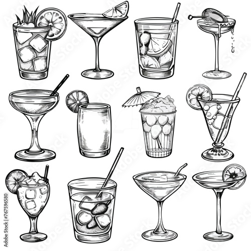 Cocktails and drinks in black and white cartoon 