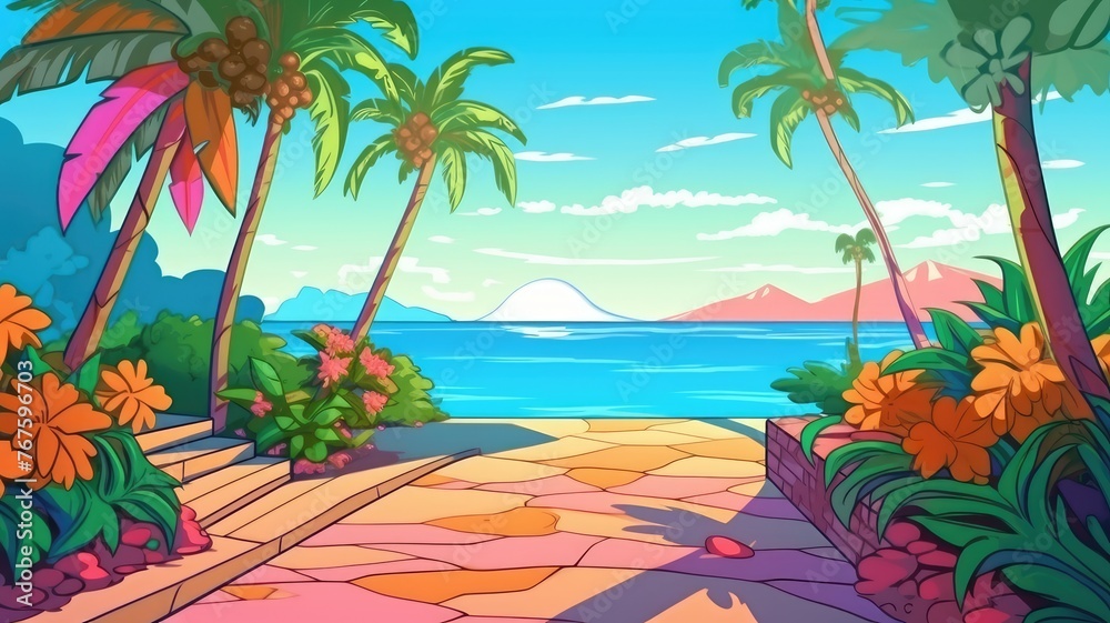 cartoon tropical landscape, colorful pathway to serene beach, lush foliage