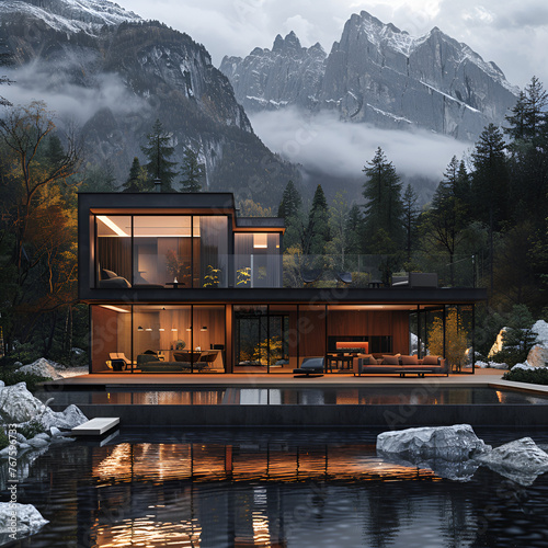 Beautiful house in the mountains.  generative ai  © Malaika