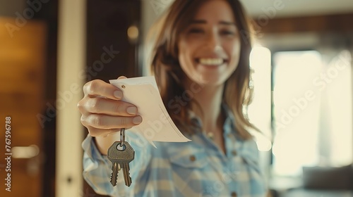 Close up focus on keys, smiling woman realtor selling apartment, offering to client, showing at camera, holding documents, contract, making purchasing deal, real estate agent, mortgage or rent.