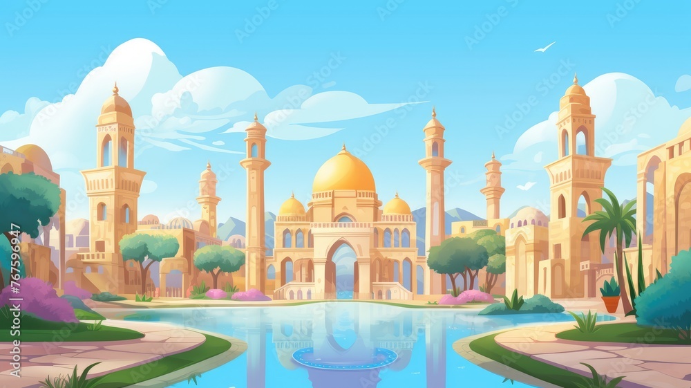 Fototapeta premium cartoon illustration Enchanting palace with minarets, lush gardens, and reflective pond in vibrant colors