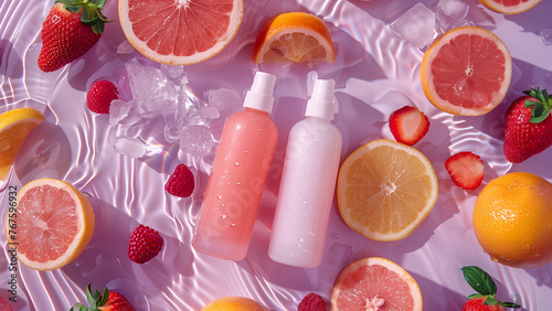 Two translucent skincare bottles rest on a reflective surface, surrounded by citrus and strawberries