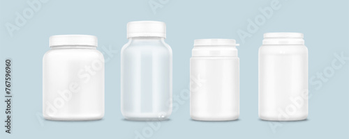 White plastic pill bottle mockup. Realistic 3d vector illustration set of vitamin or supplement jar template. Closed package container for medicine with cap. Pharmacy cylinder packaging canister.