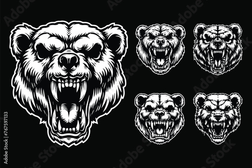 Dark Art Angry Beast Bear Skull Head Black and White Illustration