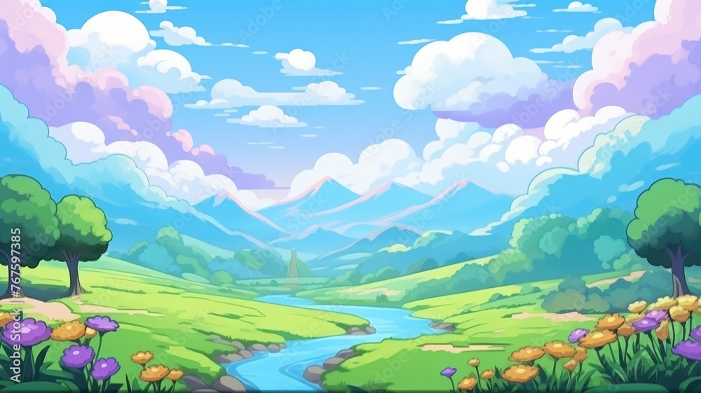 cartoon landscape with hills, river, flowers, and mountains under a cloudy sky