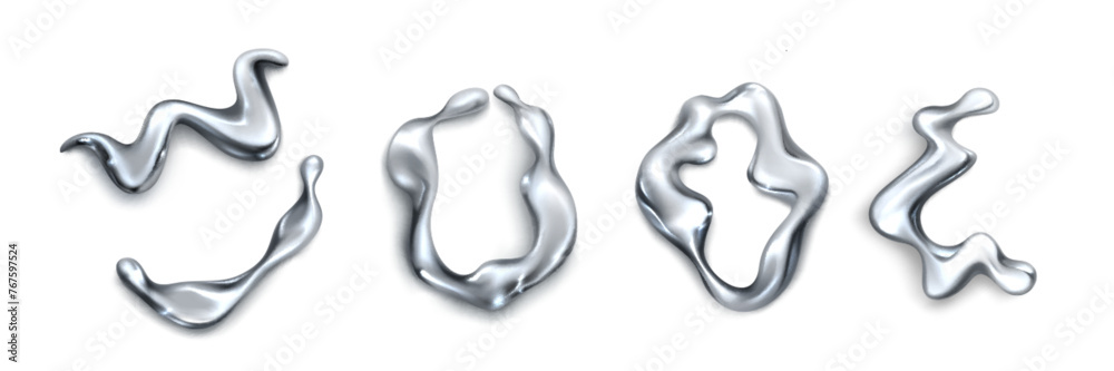 Abstract fluid 3d metal shape for y2k design. Realistic vector illustration set of chrome liquid blobs and drops. Wave and circle silver element. Trendy mercury droplet and splash flow decoration. Abstract fluid 3d metal shape for y2k design. Realistic vector illustration set of chrome liquid blobs and drops. Wave and circle silver element. Trendy mercury droplet and splash flow decoration.