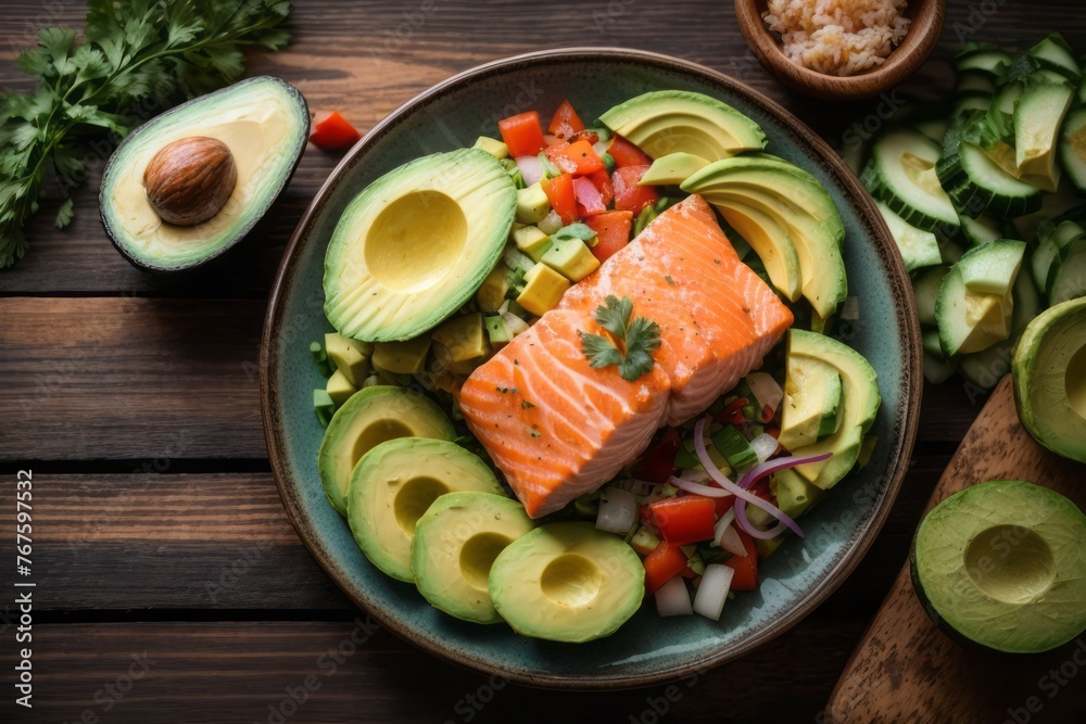 top view of Hawaiian dish with salmon, avocado and cucumber on wooden table top view of Hawaiian dish with salmon, avocado and cucumber on wooden table