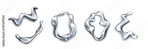 Abstract fluid 3d metal shape for y2k design. Realistic vector illustration set of chrome liquid blobs and drops. Wave and circle silver element. Trendy mercury droplet and splash flow decoration.