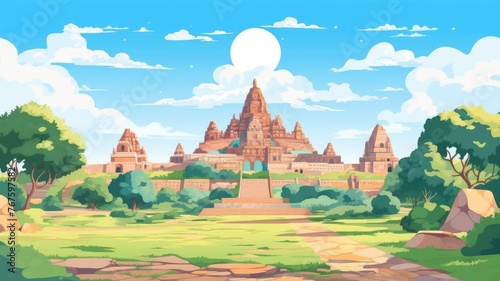 cartoon Majestic ancient temple  lush greenery  serene bright sky