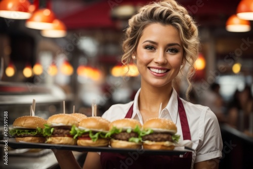 Happy Caucasian female waitress holding burger in fast food restaurant