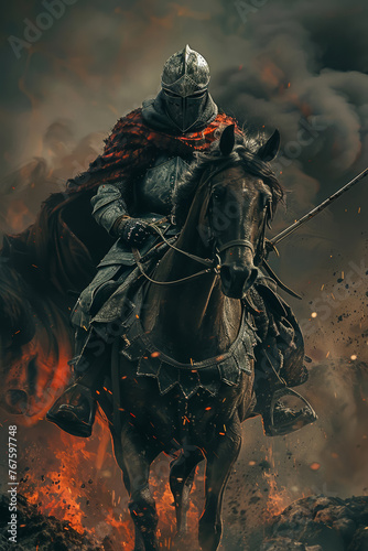 Battle-ready knight on horse armor shining