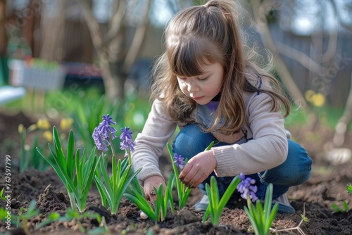 Girl in spring garden plays and planting hyacinth flowers.