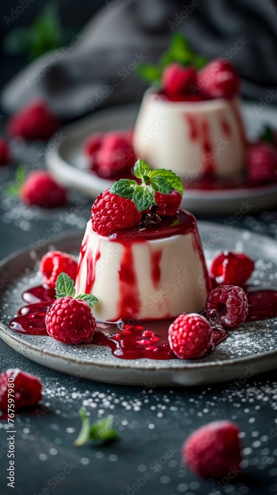 Luxurious panna cotta drizzled with raspberry coulis