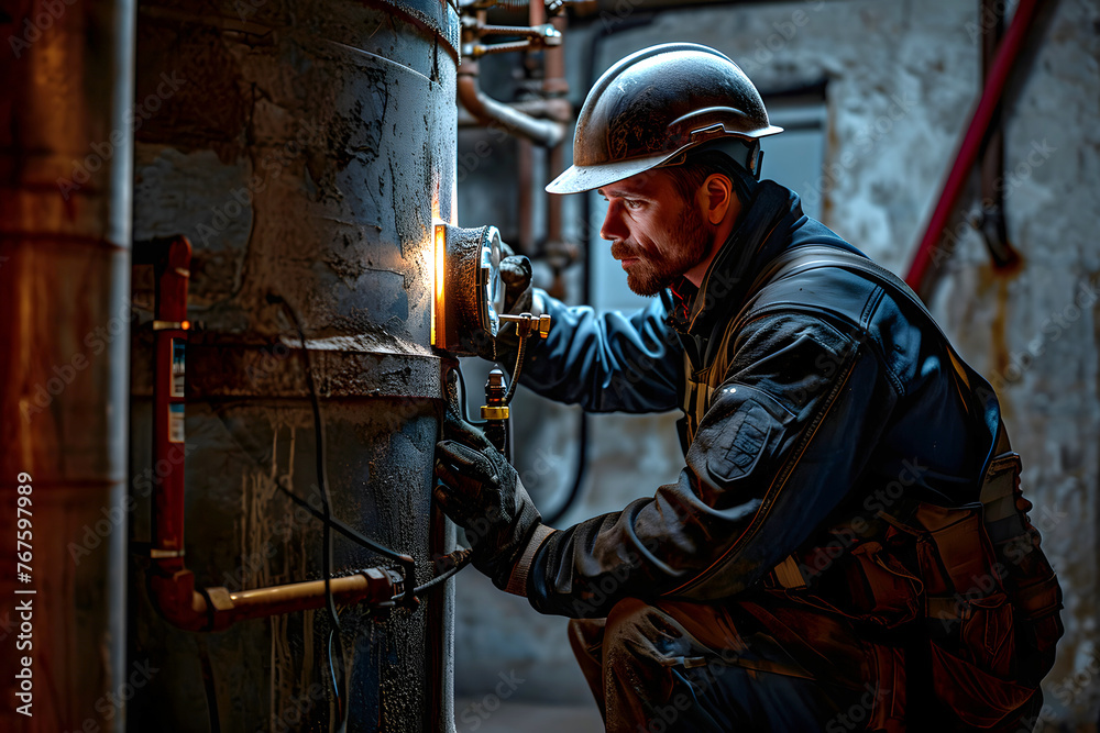 portrait of an electrician. male worker in a protective helmet and overalls works in production. industrial industry