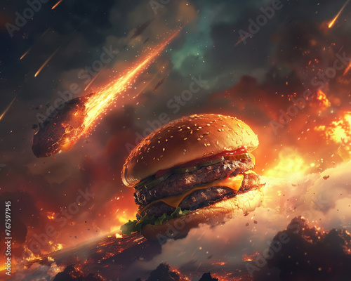 Hamburger in the midst, meteorite crash in the background, a striking culinary scene