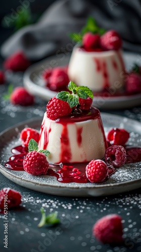 Luxurious panna cotta drizzled with raspberry coulis