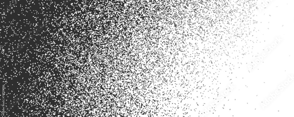 Noise gradient background from white to black with grain texture. Monochrome dot pattern with grainy effect. Vector illustration of halftone speckle diffuse gradation. Noisy powder faded shadow.
