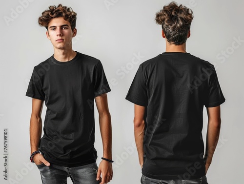 Simple mockup of young man in black tshirt, front and back views, on a white background, crisp and clear photo