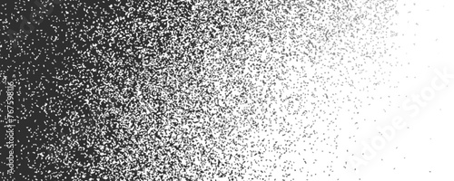 Noise gradient background from white to black with grain texture. Monochrome dot pattern with grainy effect. Vector illustration of halftone speckle diffuse gradation. Noisy powder faded shadow.