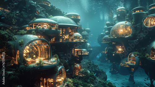 Underwater urban dome, futuristic town living beneath the sea © Atchariya63
