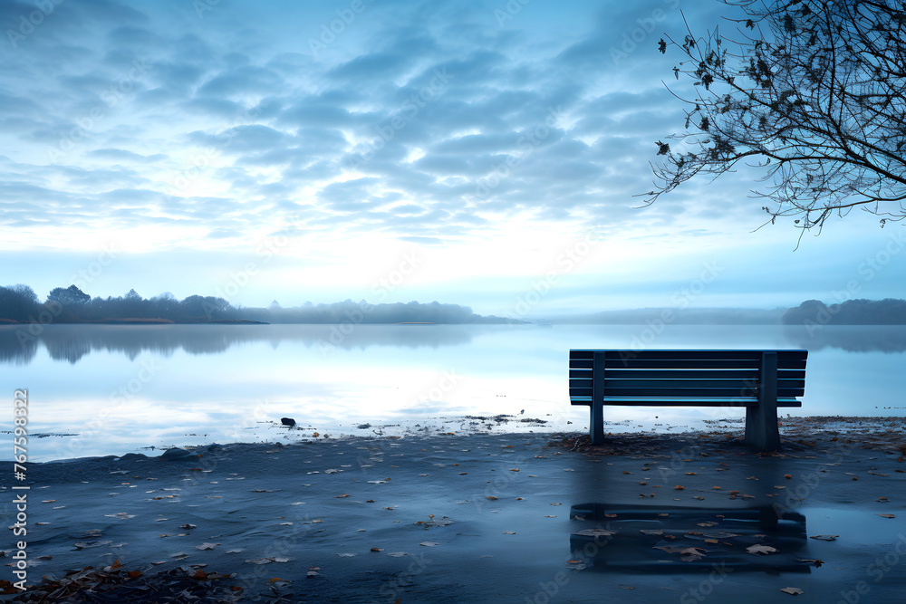bench on the shore of the lake. camping