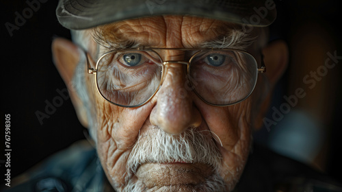 Portrait of wrinkled army war veteran looking directly into the camera.