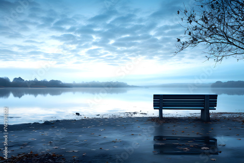 bench on the shore of the lake. camping