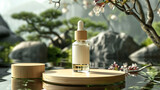 Premium serum bottle with a dropper in a serene asian-inspired garden with delicate flowers