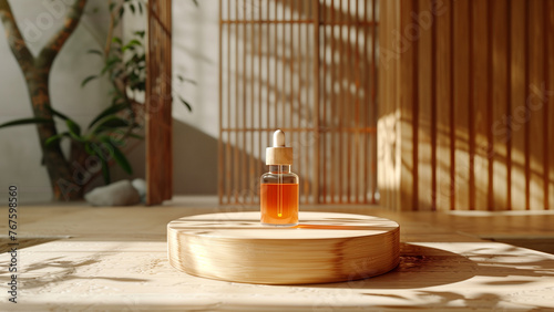 Facial oil in a serene Japanese Zen setting with warm sunlight