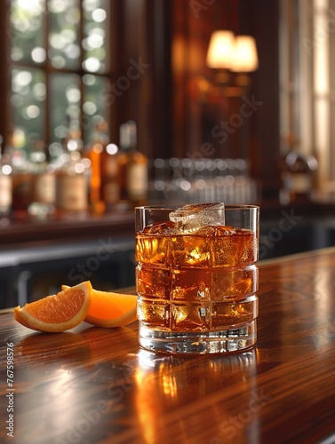 Old Fashioned presented on an oak bar top in a classic American speakeasy photo