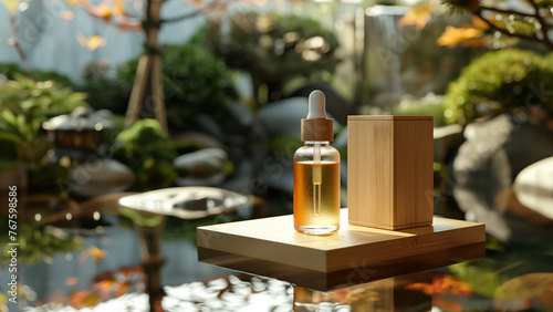 An elegant serum bottle with a single drop  in a tranquil Japanese garden