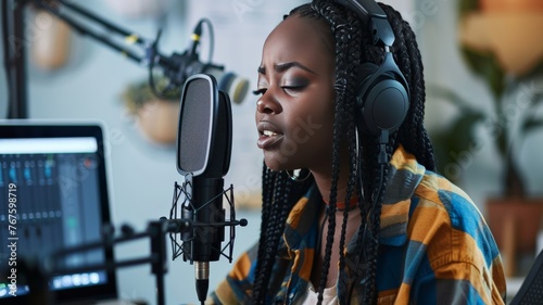 Black female influencer or content creator records a podcast. photo