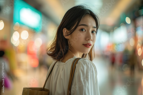 Portrait happy smile Asian young woman shopping in mall