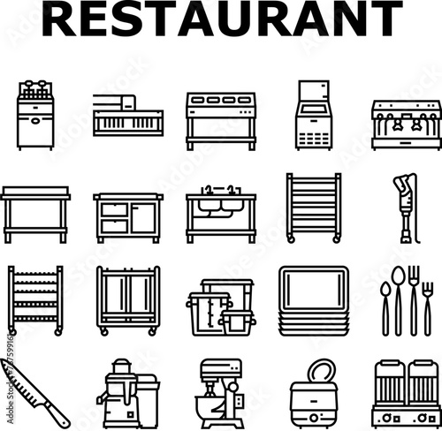restaurant equipment kitchen cafe icons set vector. fryer commercial, professional industry, clean utensil, interior fridge, stainless restaurant equipment kitchen cafe black contour illustrations