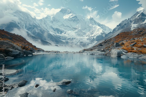 Landscape of snow-covered mountains with the tranquil  pool  focusing on the serene atmosphere