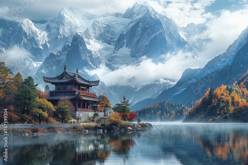 Landscape of snow-covered mountains with the tranquil pool, focusing on the serene atmosphere