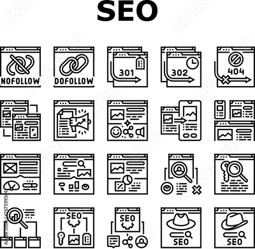 seo technical audit icons set vector. optimize market, rank search, improve marketing, dashboard report seo technical audit black contour illustrations