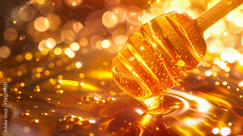 a honey dipper being dipped into a jar of honey, with golden droplets cascading down, evoking a sense of sweetness and indulgence.